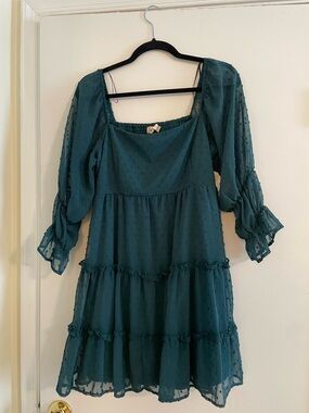 Altar'd State Teal Swiss Dot Tiered Mini Dress